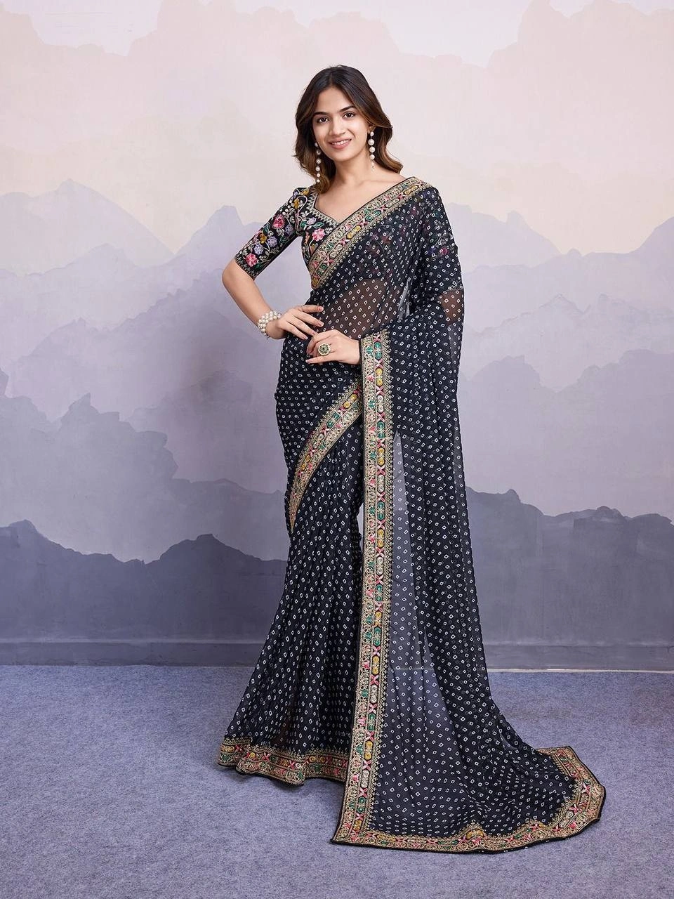 Sakhi Bandhej Sarees: Stunning Georgette Saree with Embroidery Work | 10 Colors-RVT-Sakhi-Black