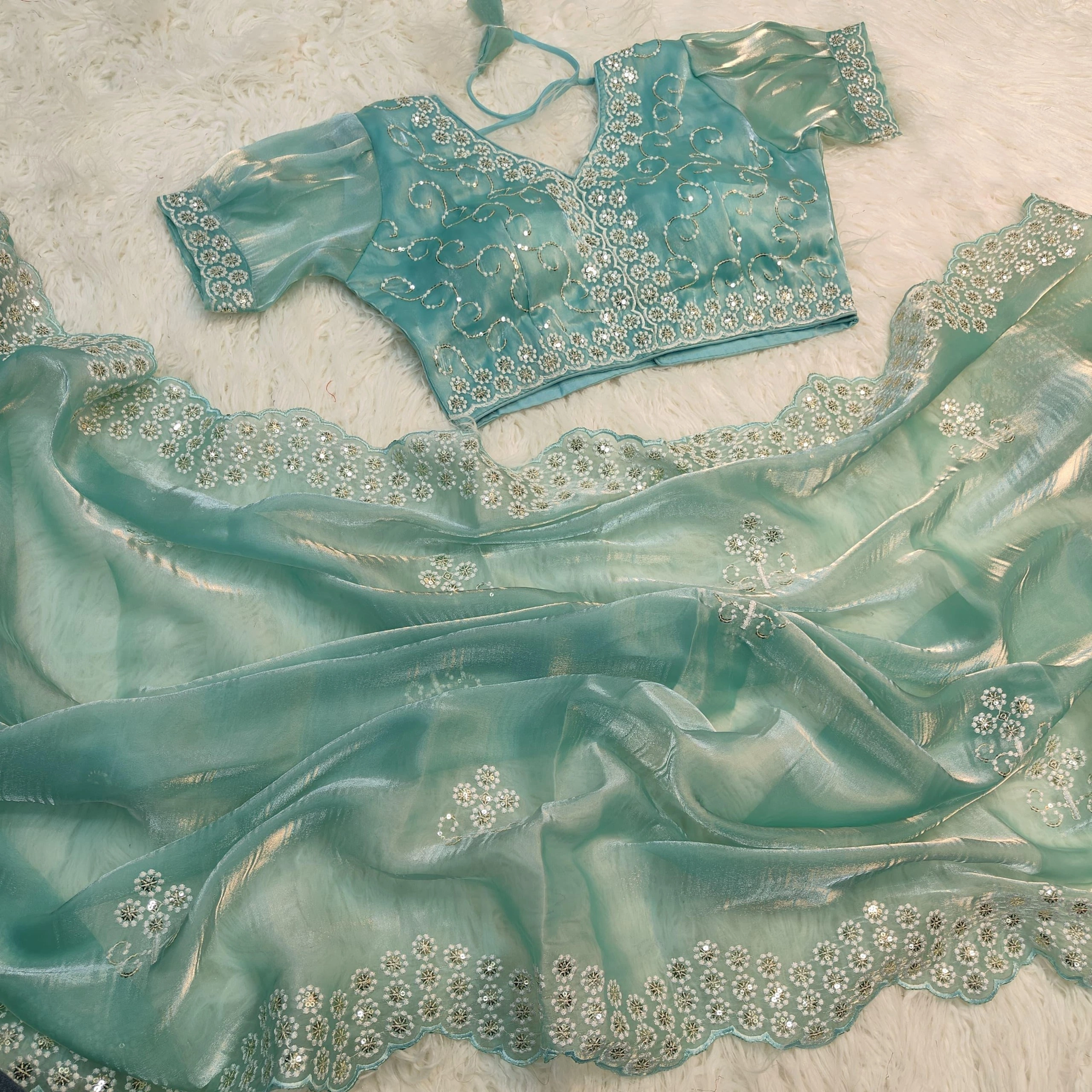 Pure Soft Zimmy Choo Silk Saree: Exquisite Embroidery &amp; Stunning Work-Sky Blue-2