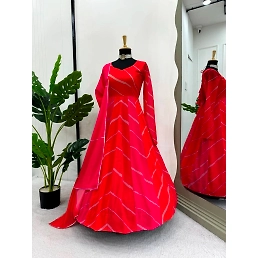 Silk Digital Print Dress with Flared Skirt & Matching Dupatta