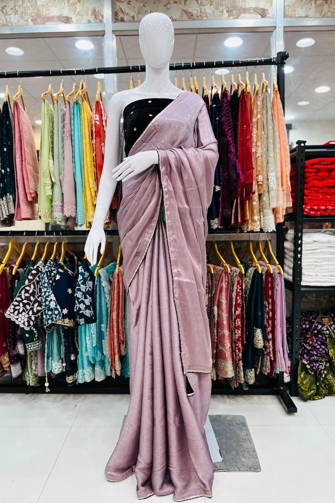 Royal Satin Saree with Pure Velvet Blouse - Luxurious Elegance!-RSRM-2033-Lavender