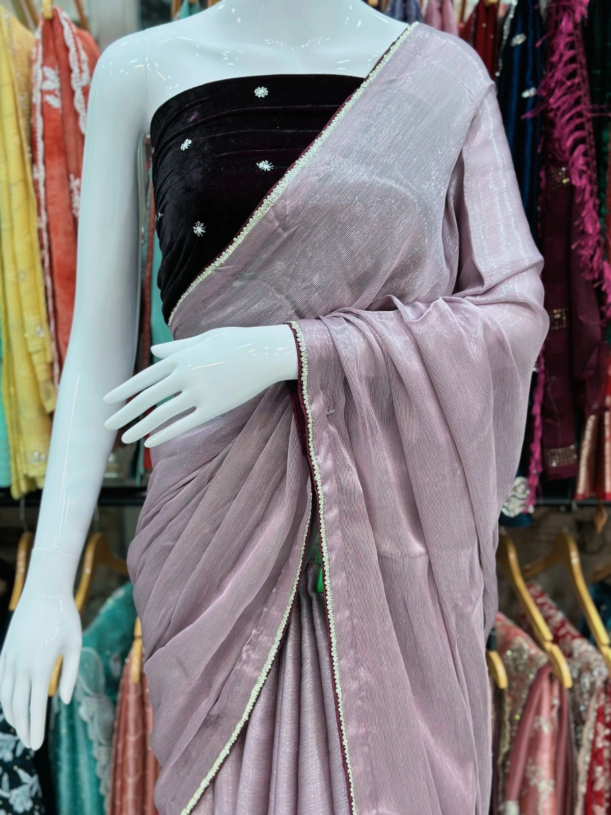 Royal Satin Saree with Pure Velvet Blouse - Luxurious Elegance!-Lavender-1