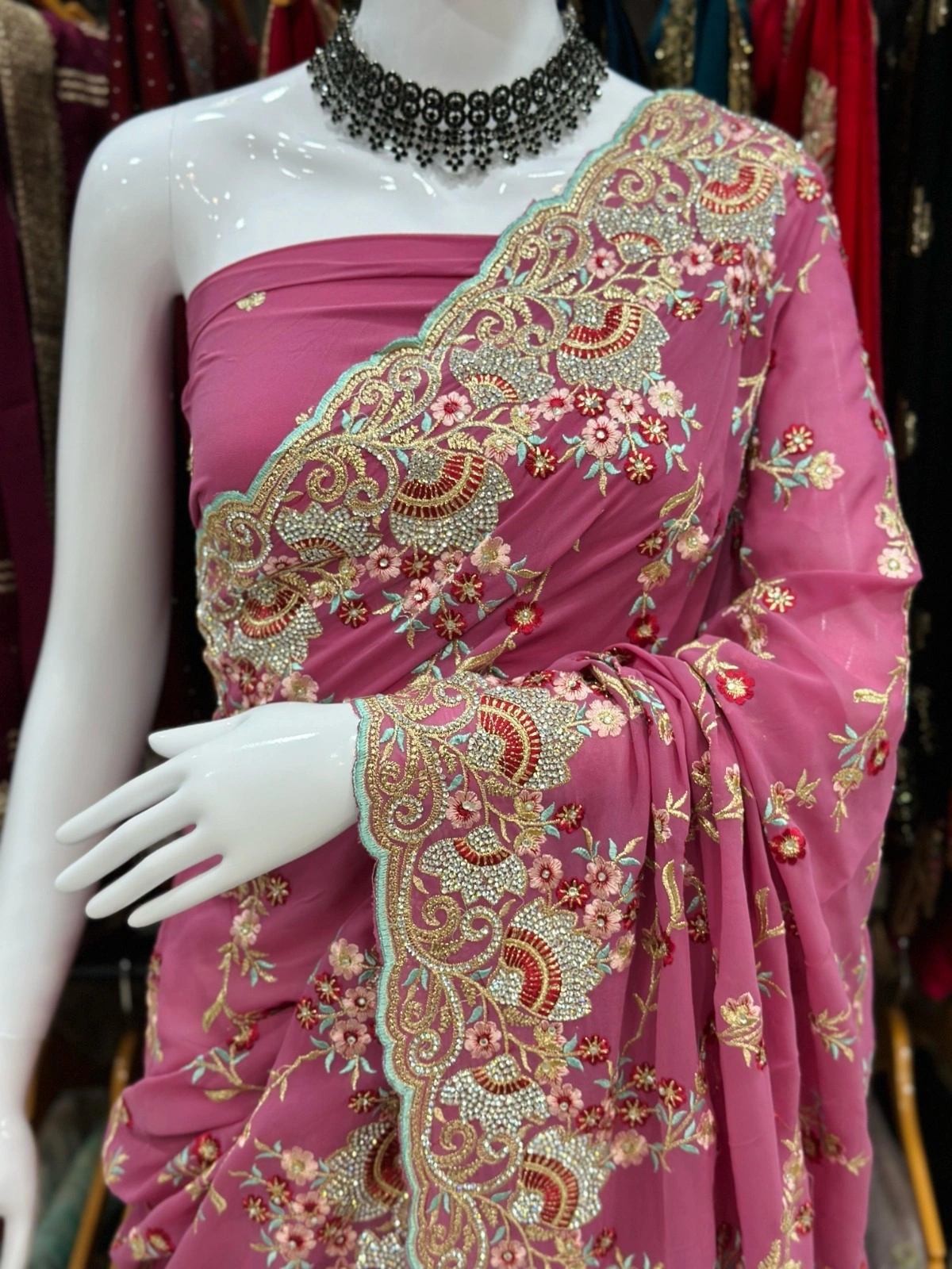 Bridal Georgette Saree with Heavy Embroidery and Hand Work-Peach-1