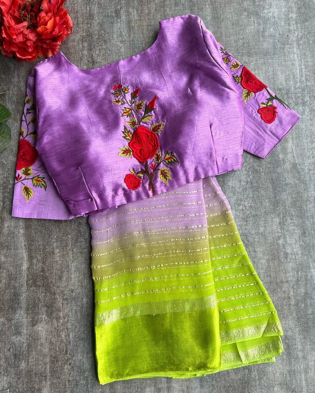 Georgette Sarees: Elegant Zari-Weaved Satin Border, Chanderi Flower Butta Blouse! ✨-Purple-1