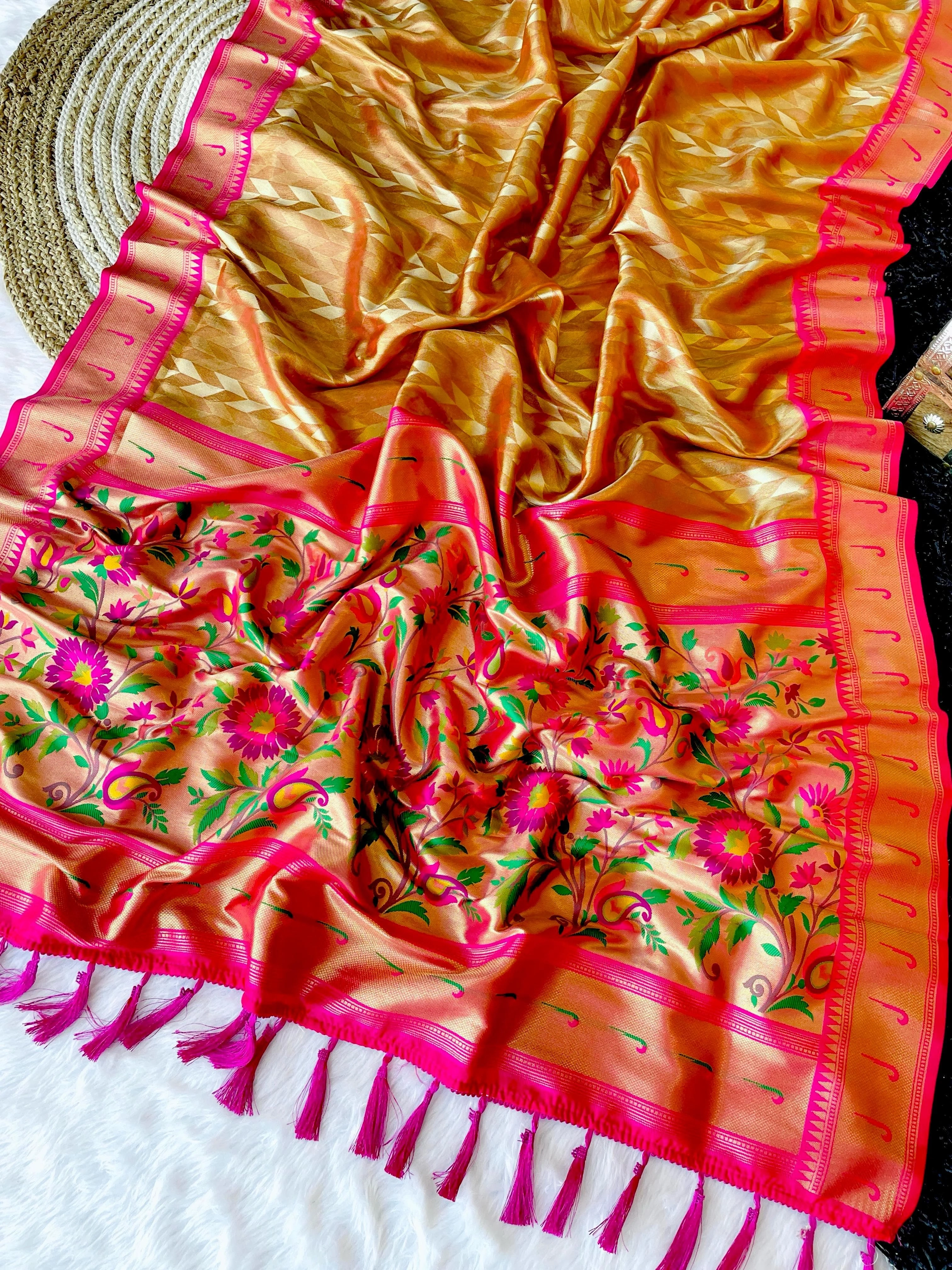 Soft Silk Saree: Grand Paithani Pallu with Hockey Border-Orange-1