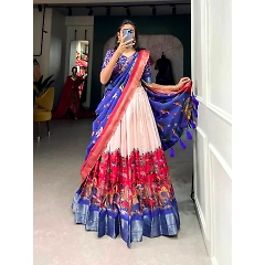Stitched Dola Silk Lehenga Set with Kalamkari Print and Weaving Border