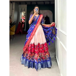 Stitched Dola Silk Lehenga Set with Kalamkari Print and Weaving Border