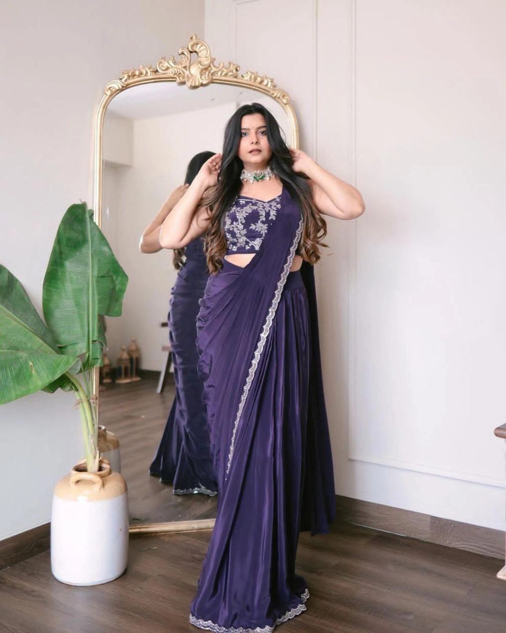 Premium French Crape Silk Saree Set with Stunning Embellishments-Purple-1