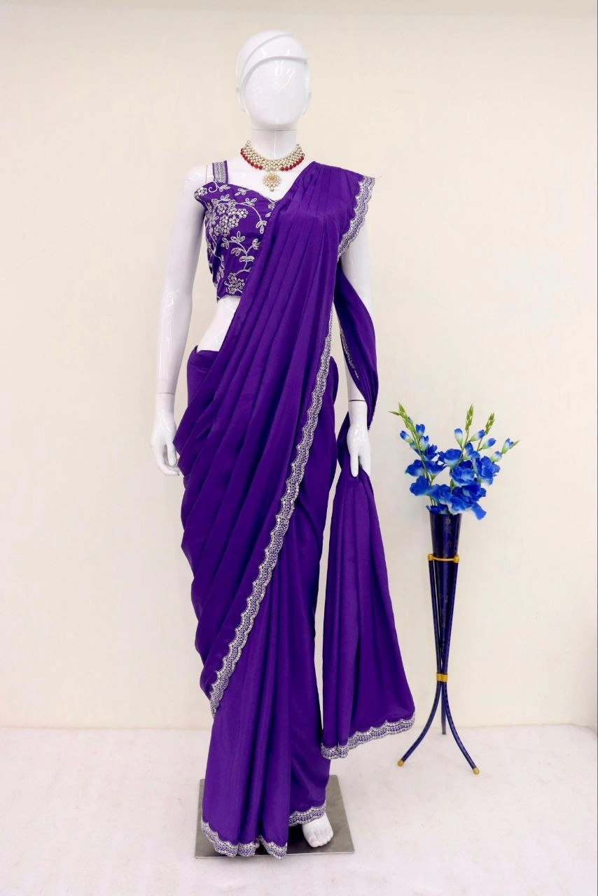 Premium French Crape Silk Saree Set with Stunning Embellishments-Purple-3