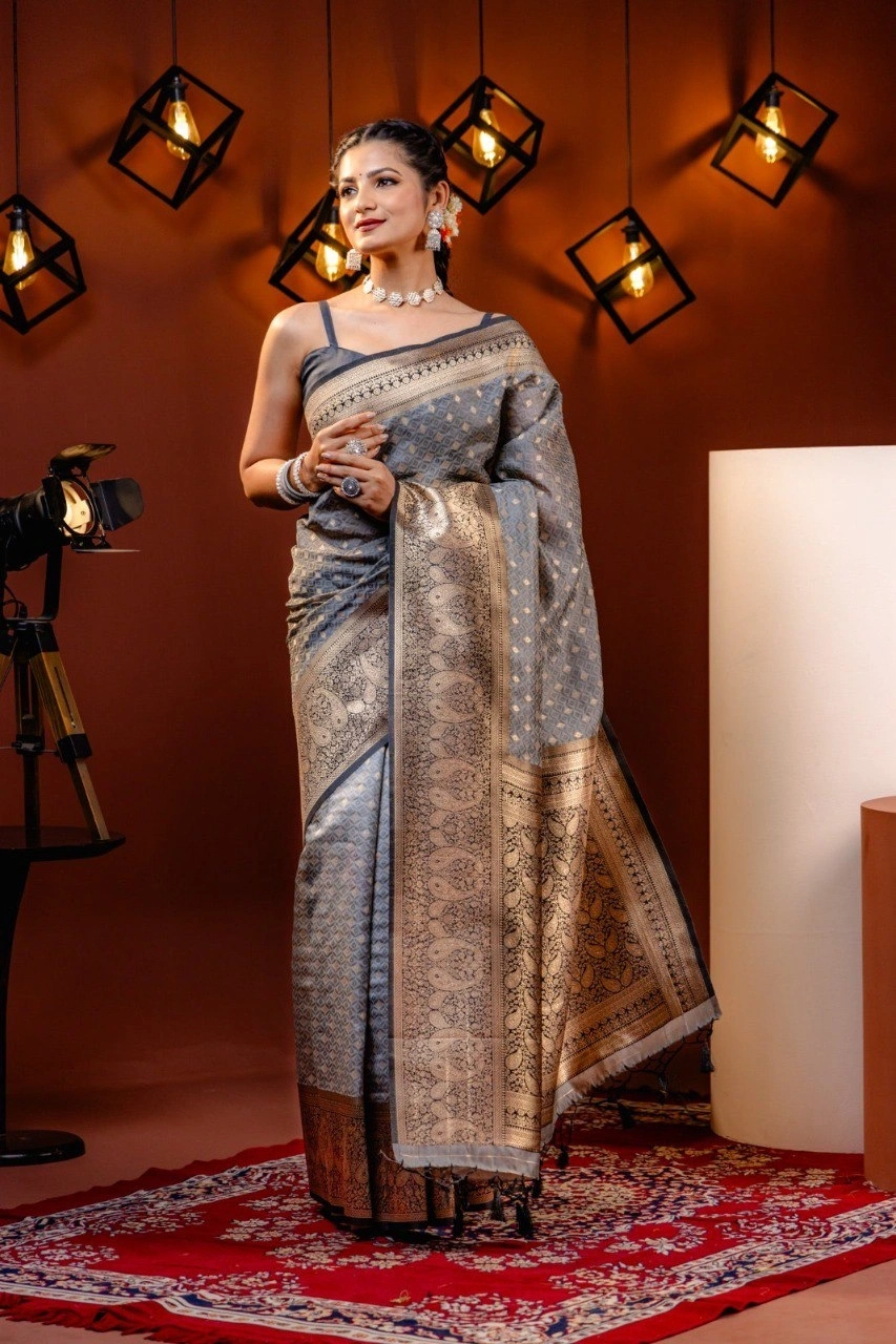 Banarasi Silk Saree: Stunning Zari Work, Solid Jacquard Weave - 10 words-RKT-149-Gray