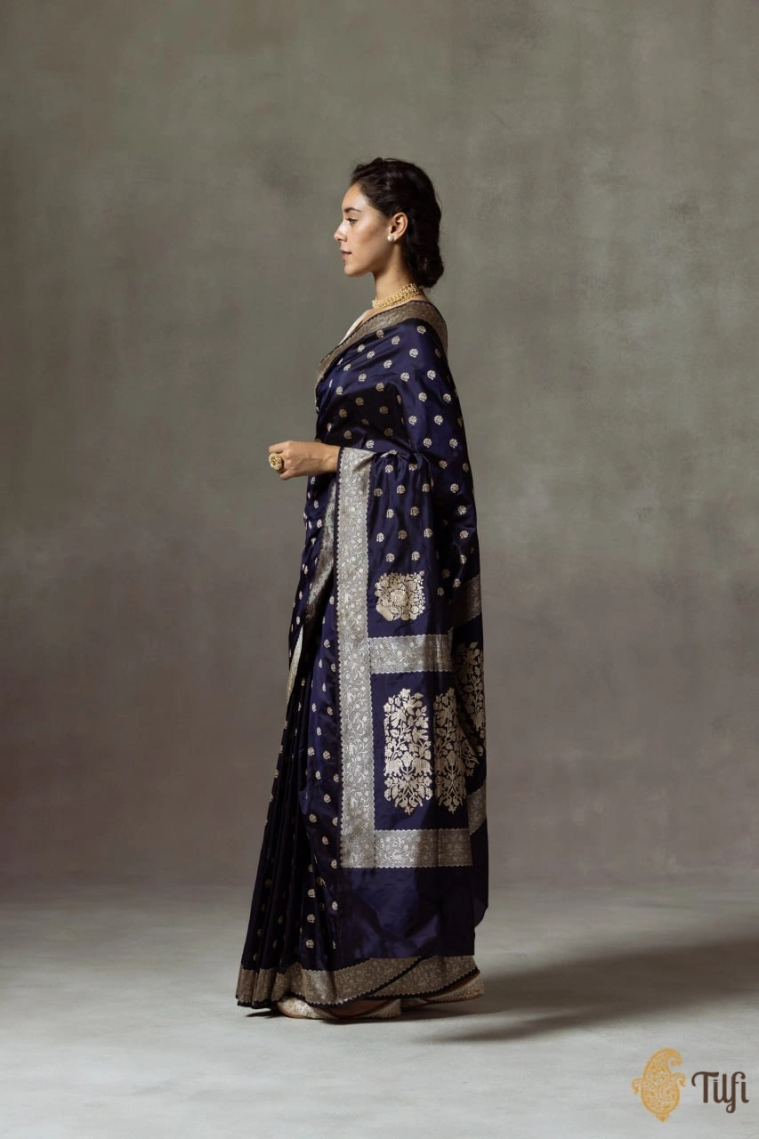 Indian Heritage Silk Saree: Elegant Artwork in Banarasi Soft Silk-Navy Blue-1