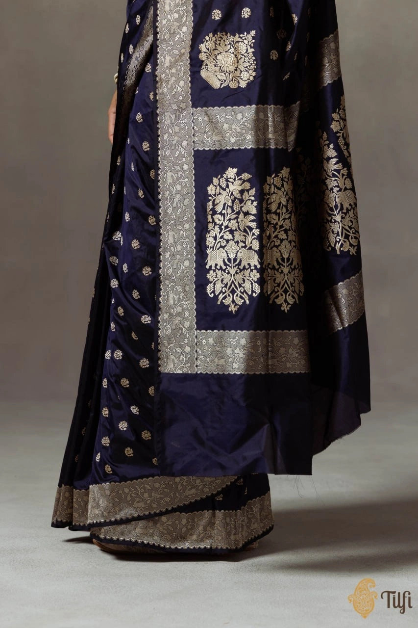 Indian Heritage Silk Saree: Elegant Artwork in Banarasi Soft Silk-Navy Blue-4