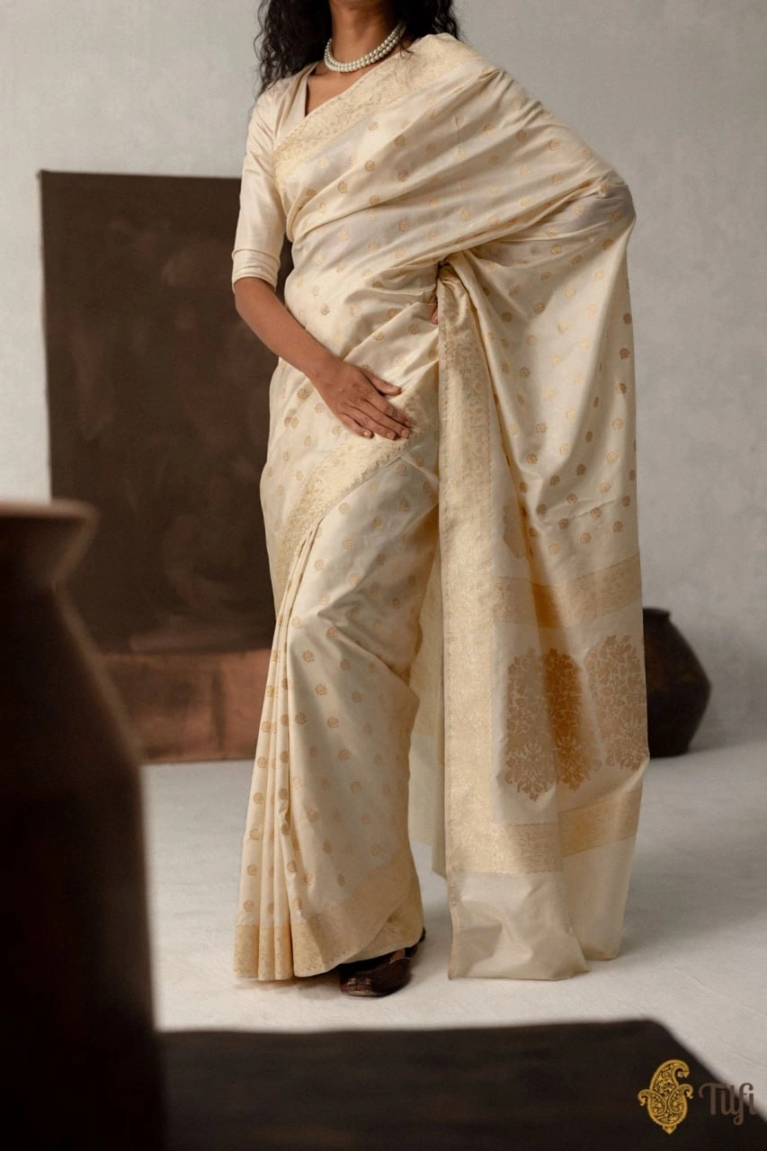 Indian Heritage Silk Saree: Elegant Artwork in Banarasi Soft Silk-White-1