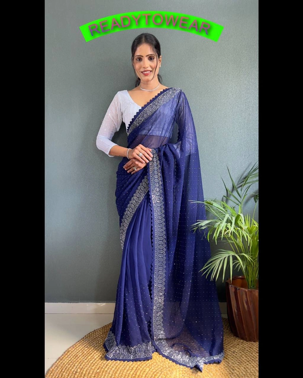 Dazzling Georgette Saree with Heavy Beadwork and Hotfix Design-RVR-MELONI-NavyBlue