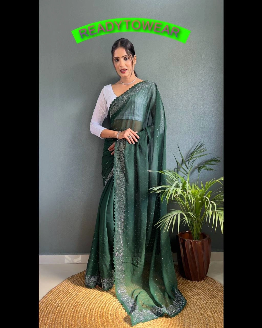 Dazzling Georgette Saree with Heavy Beadwork and Hotfix Design-RVR-MELONI-Green