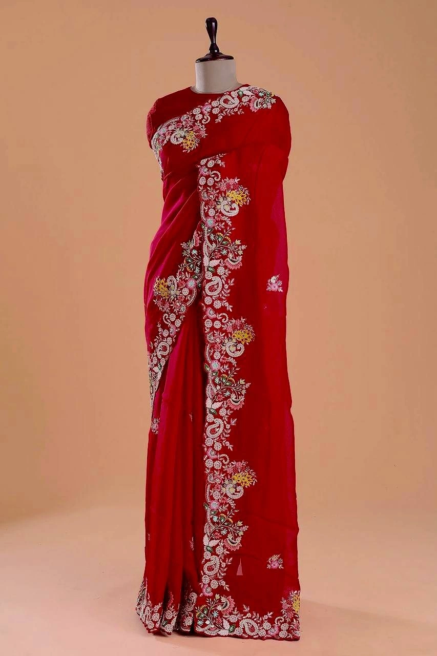 Soft Rangoli Silk Saree with Heavy Embroidery Work-Red-2