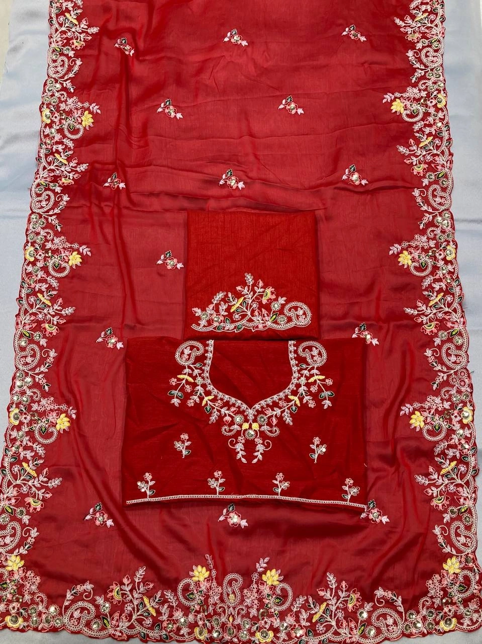 Soft Rangoli Silk Saree with Heavy Embroidery Work-Red-4