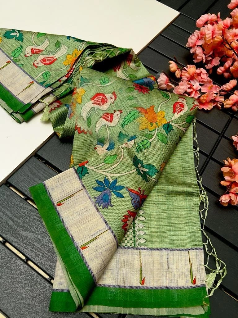 Soft and Smooth Tussar Saree: Exquisite Paithani Design with Digital Print-ANT-50-Green