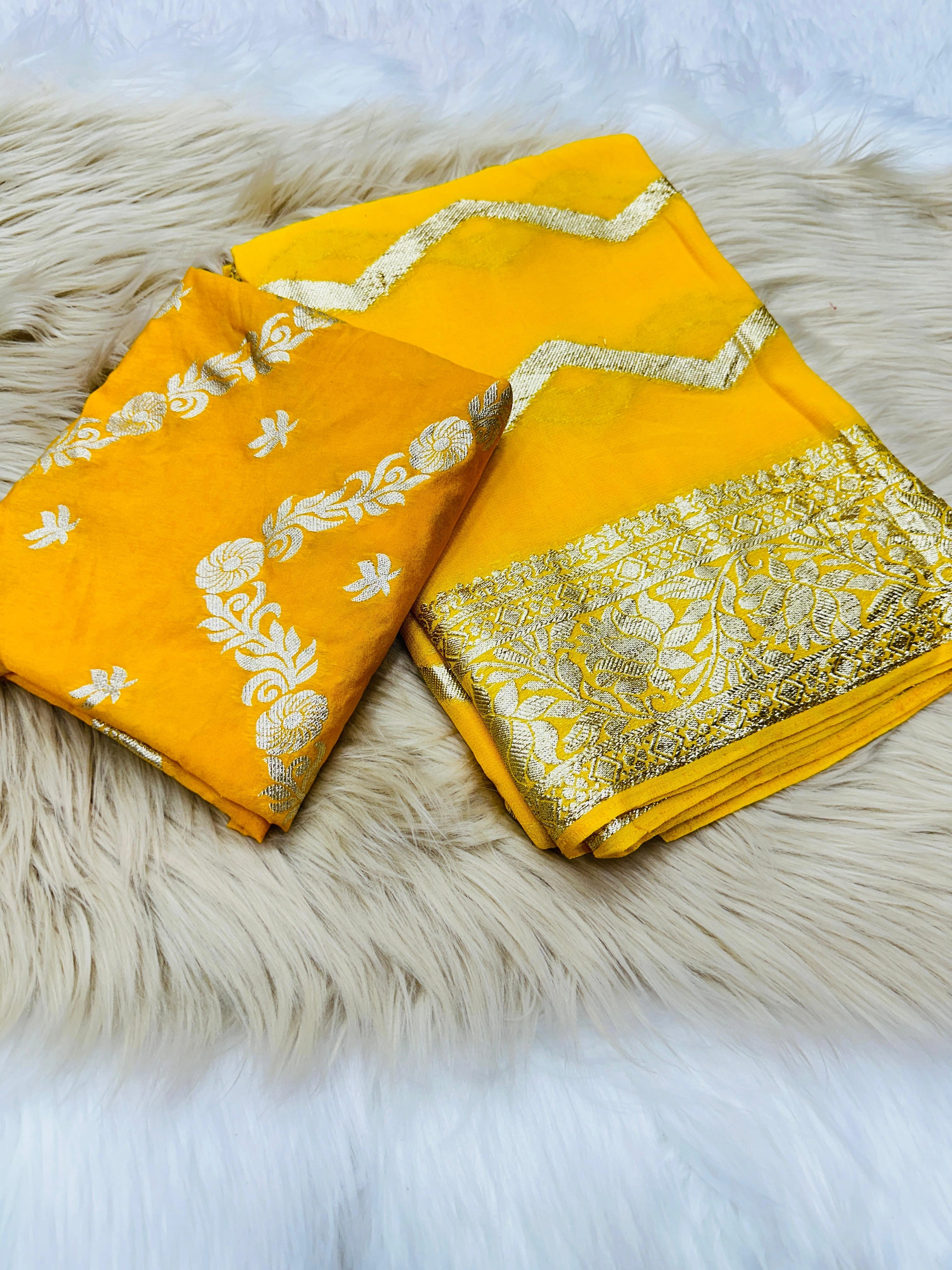 Contrast Dola Banarasi Blouse with Viscose Georgette Saree-APE-28-Yellow