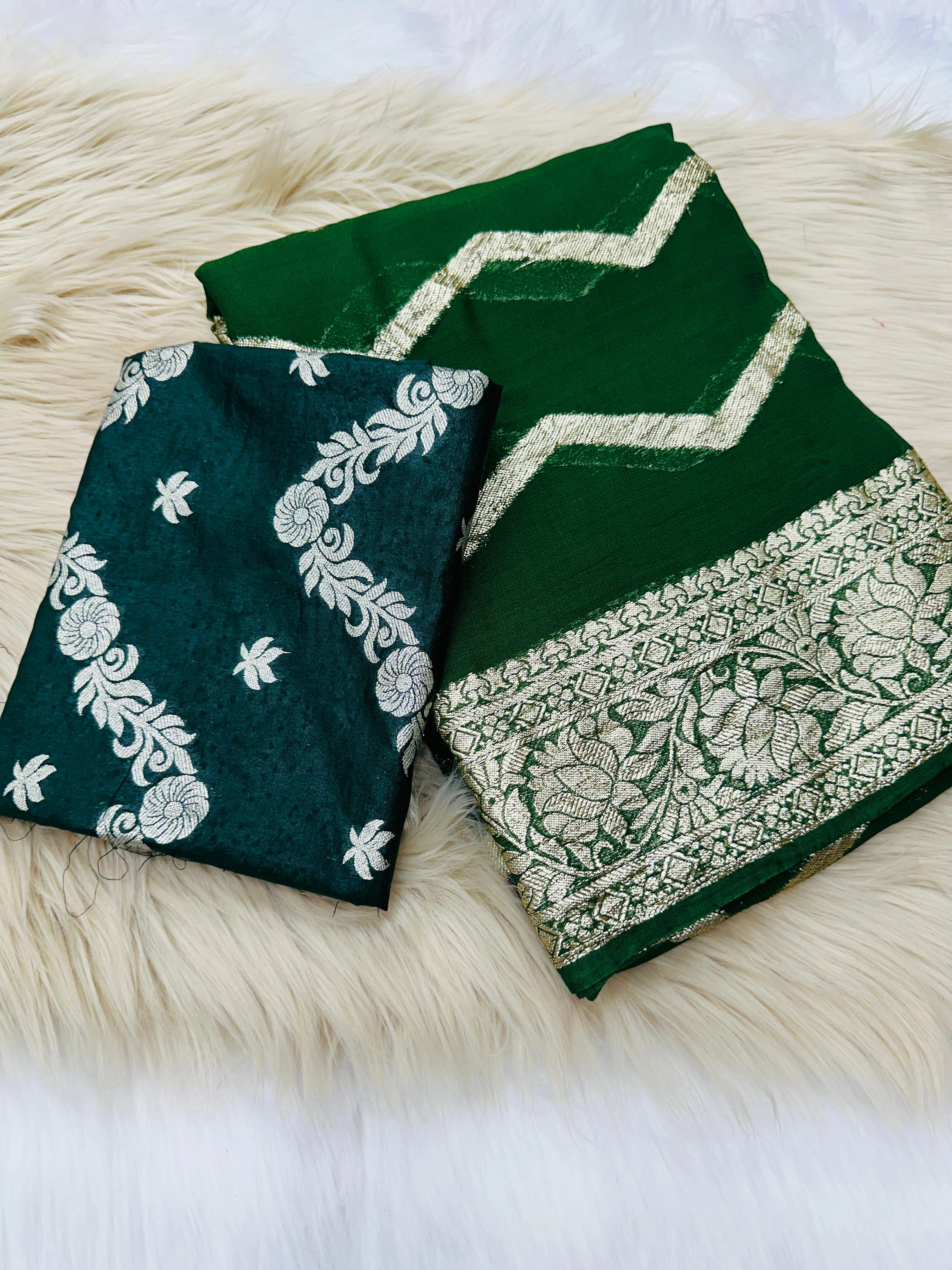 Contrast Dola Banarasi Blouse with Viscose Georgette Saree-Green-1