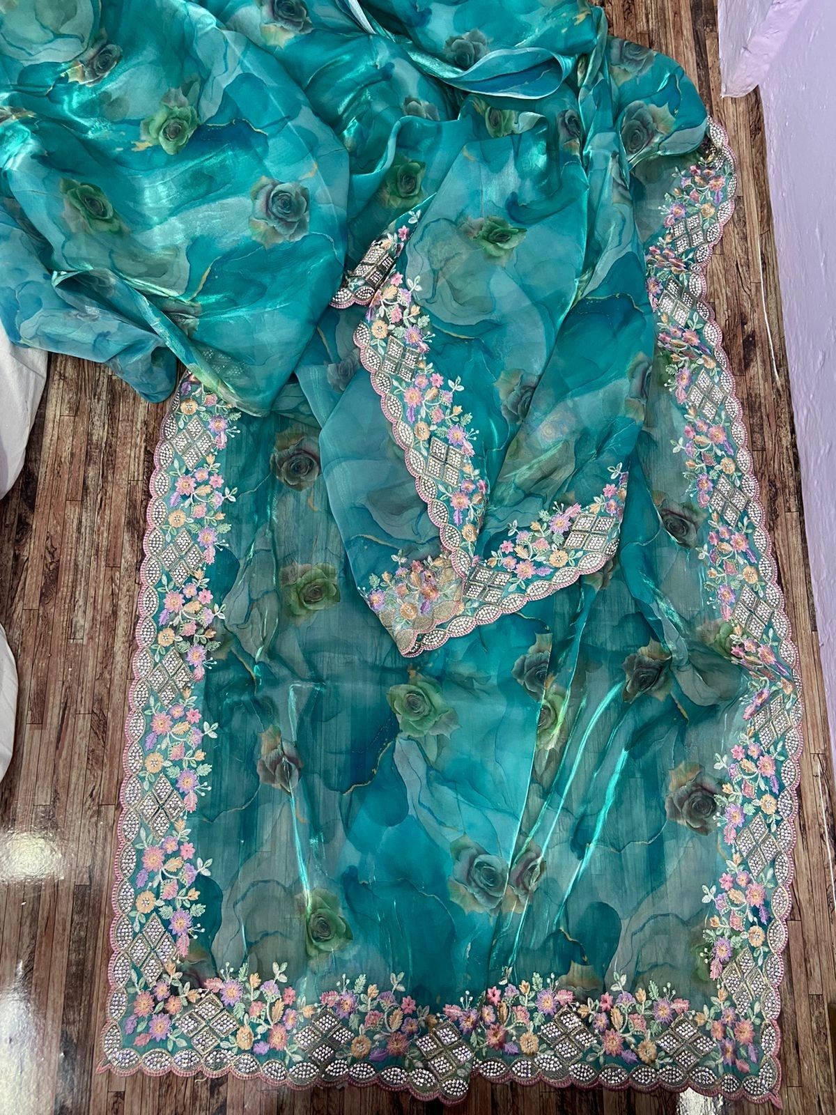 Embroidered Digital Print Satin Saree with Shiroskhi Work-RBC-26-SkyBlue