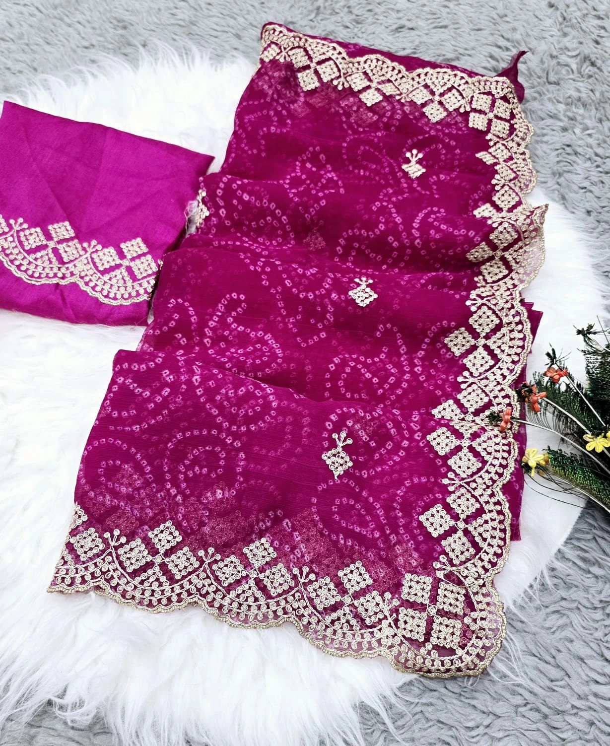 Embroidered Silk Saree with Cutwork Border and Zari Blouse-Rani-1