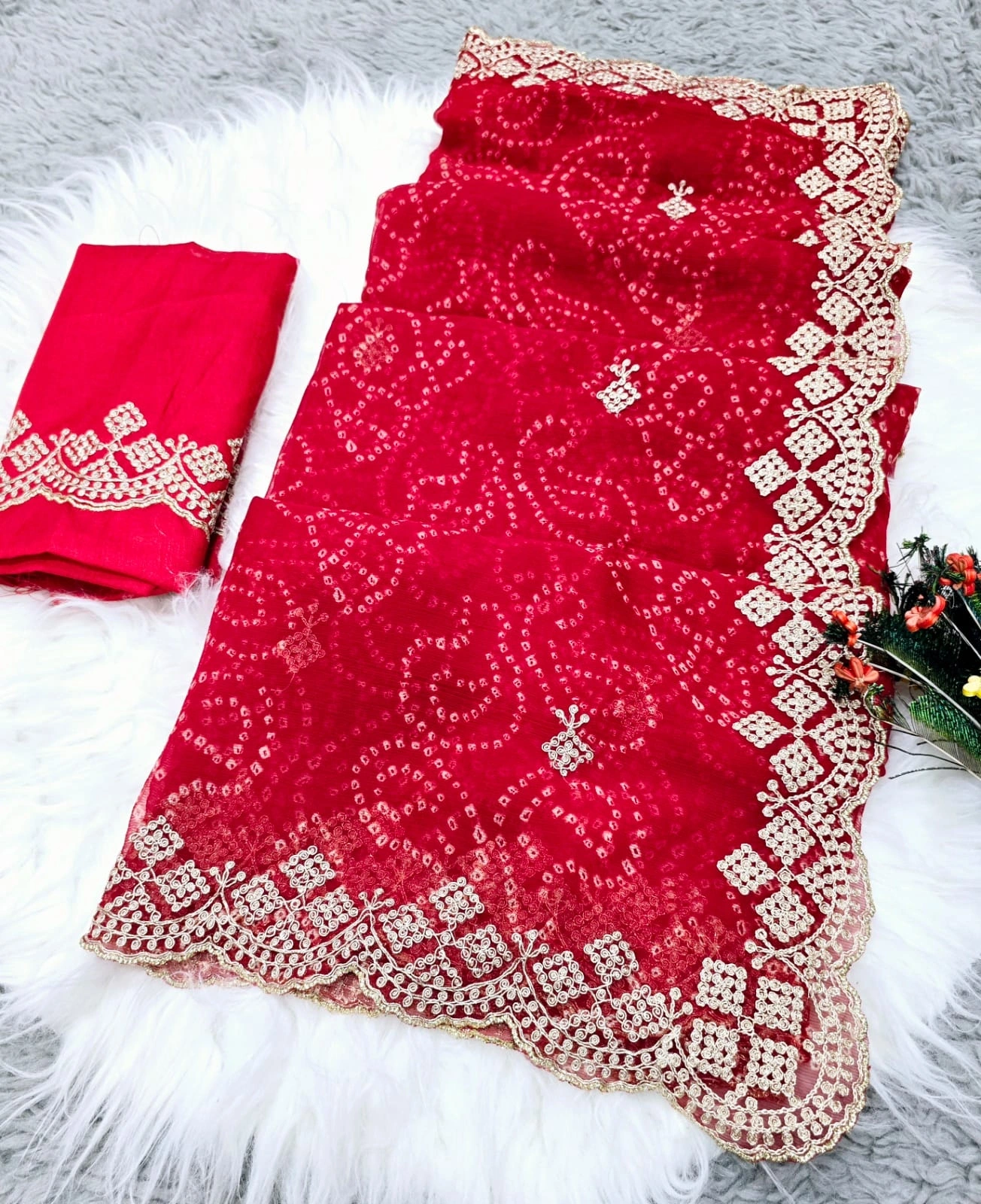 Embroidered Silk Saree with Cutwork Border and Zari Blouse-Red-1