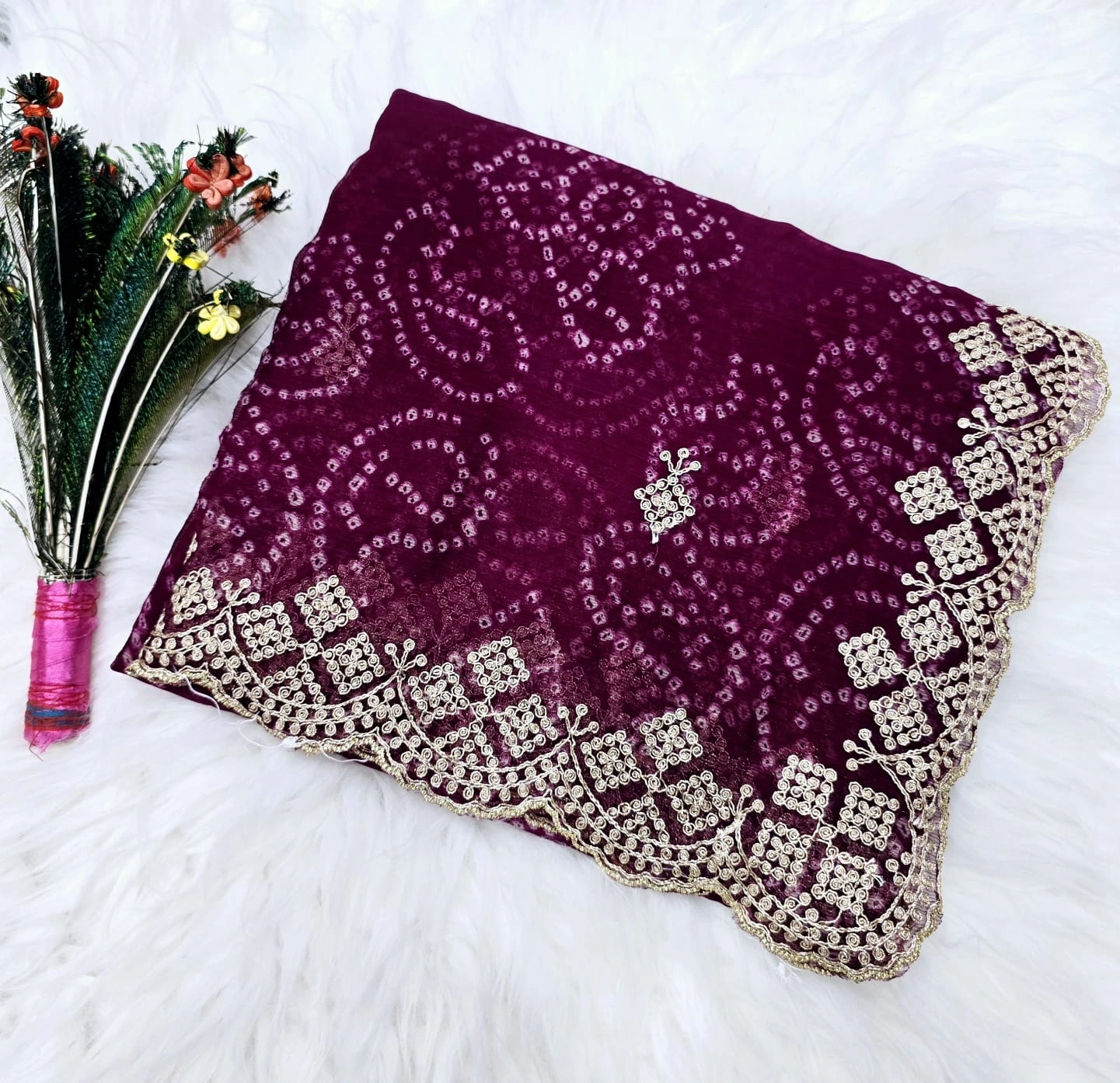 Embroidered Silk Saree with Cutwork Border and Zari Blouse-RJK-49-Wine