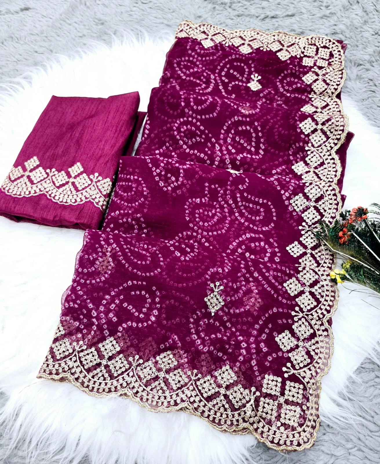 Embroidered Silk Saree with Cutwork Border and Zari Blouse-Wine-1