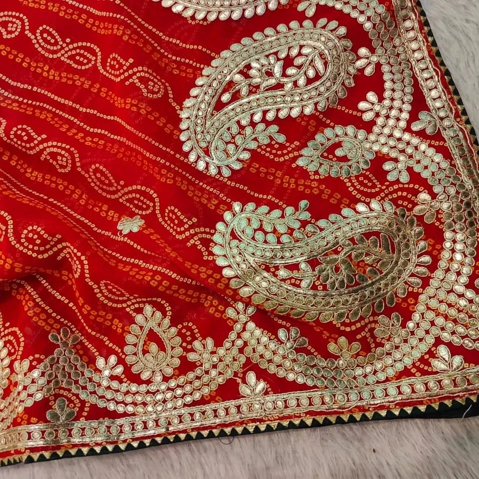 Heavy Georgette Saree: BHADANI Print, GOTTPATI+ Coding, Stunning C- Pallu Design-Red-2