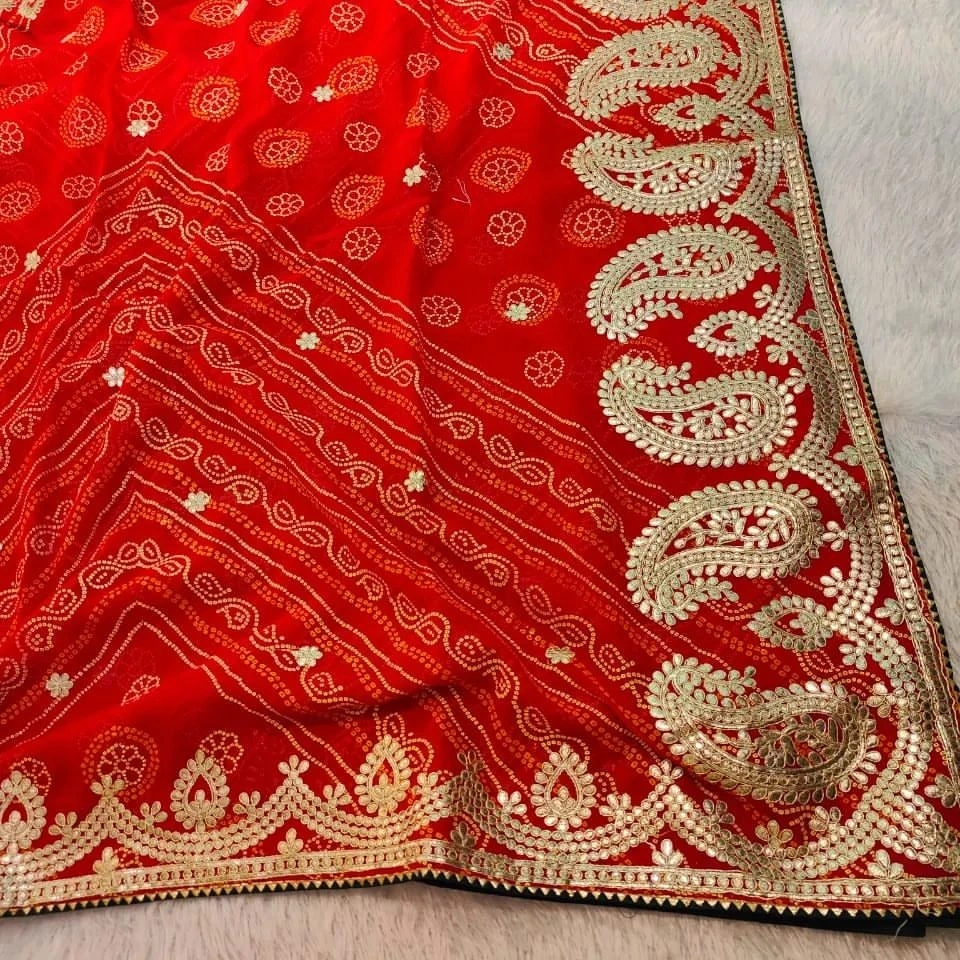 Heavy Georgette Saree: BHADANI Print, GOTTPATI+ Coding, Stunning C- Pallu Design-Red-4