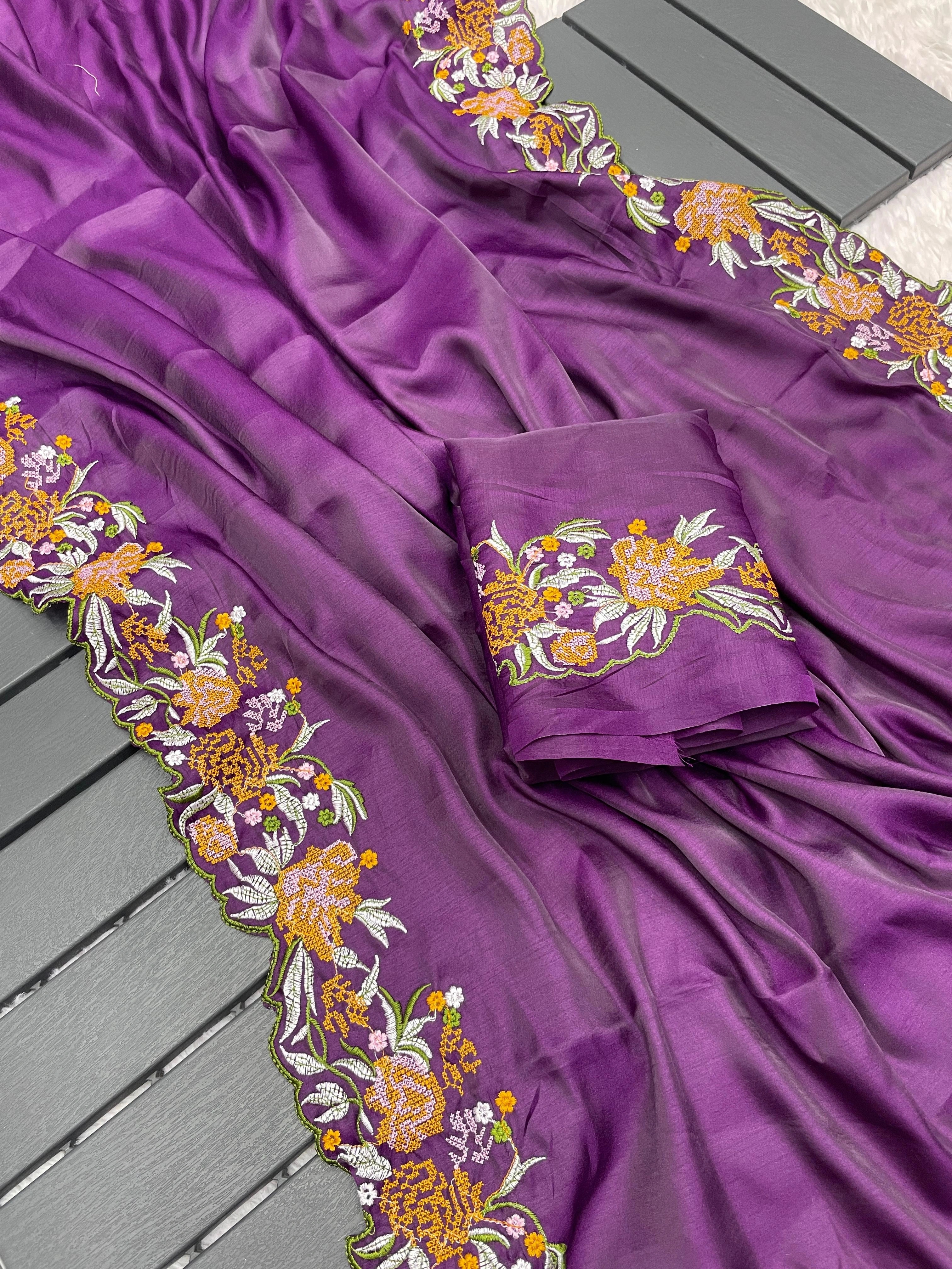 Soft Tussar Silk Saree with Stunning Embroidery (C-Pallu) - 5.5m Saree-Lavender-1