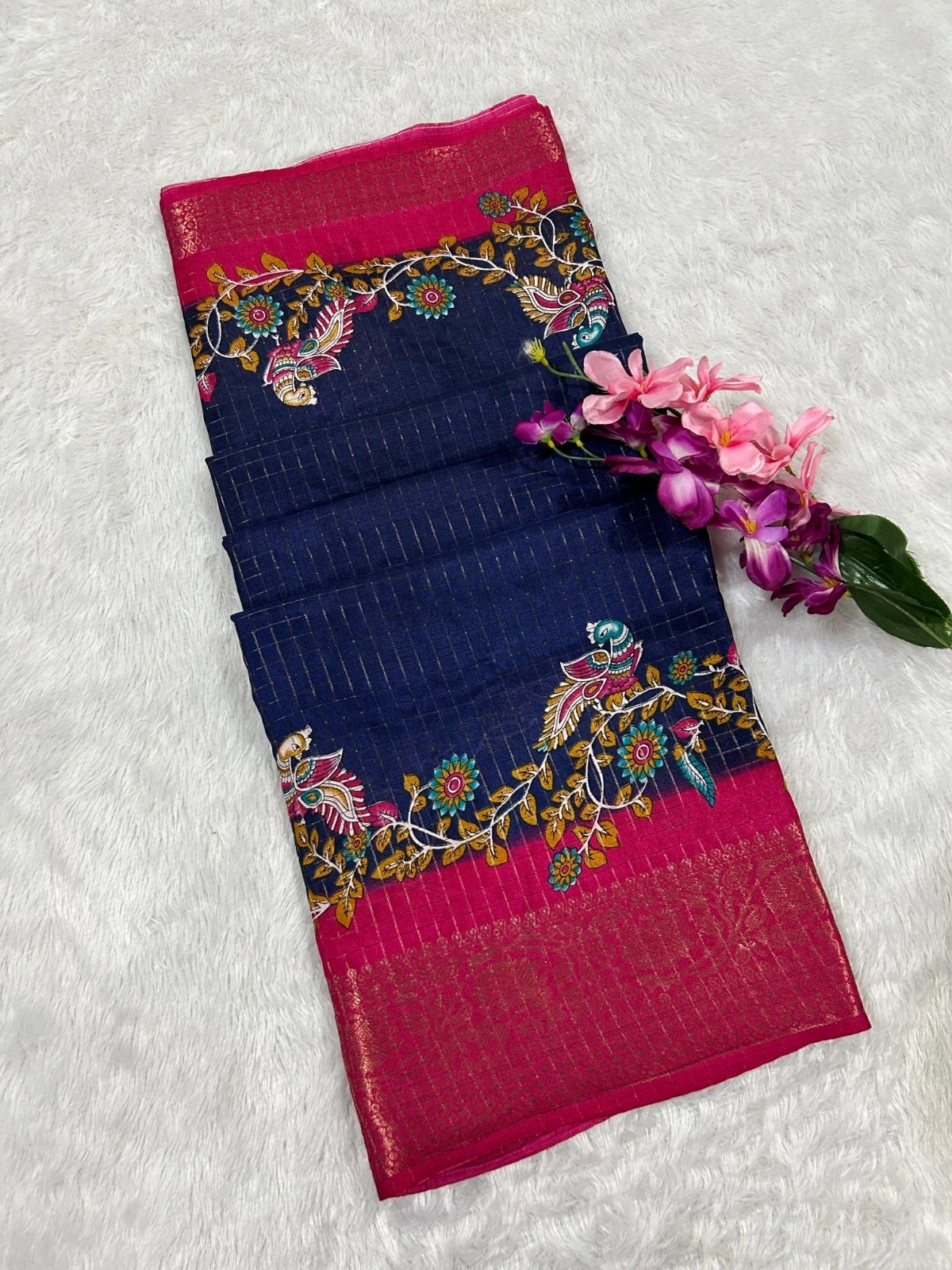 Lightweight Zari Checked Saree with Kalamkari Design-MNF-05-NavyBlue