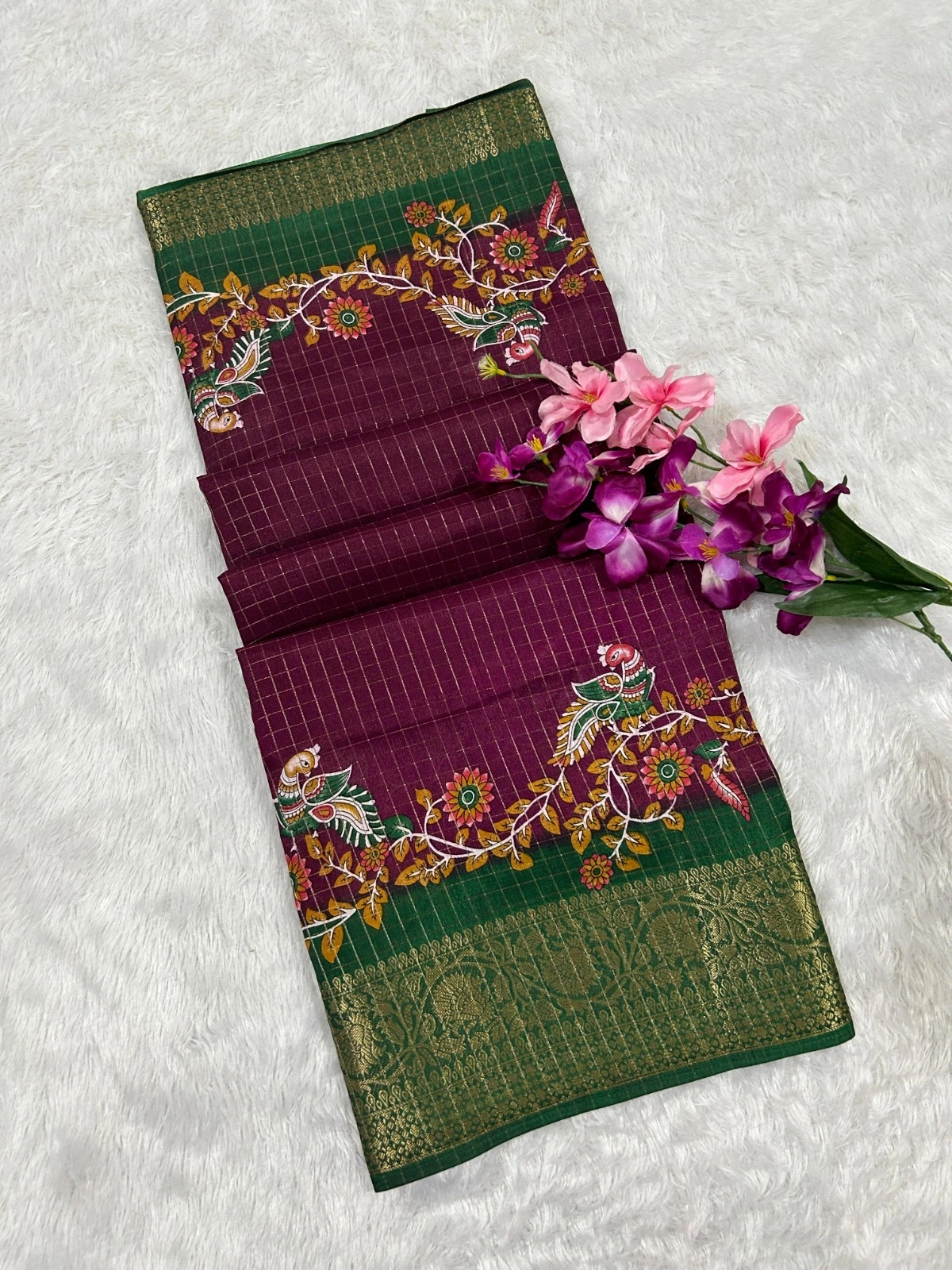 Lightweight Zari Checked Saree with Kalamkari Design-MNF-05-Wine