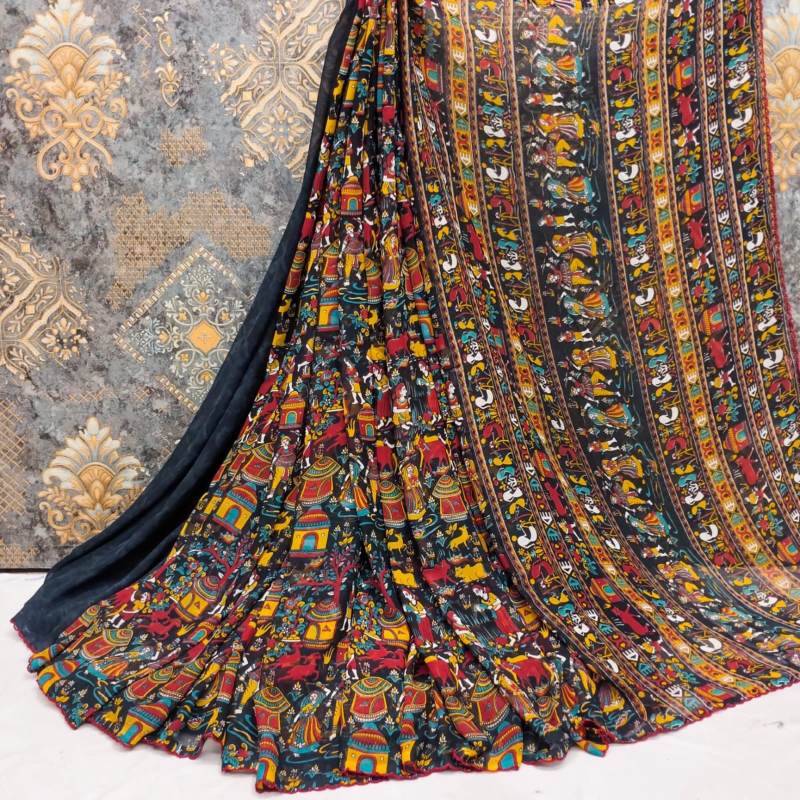 Stunning Georgette Sarees: All-Over Kalamkari Design with Gorgeous Pallu and Blouse-MKD-97-Brown