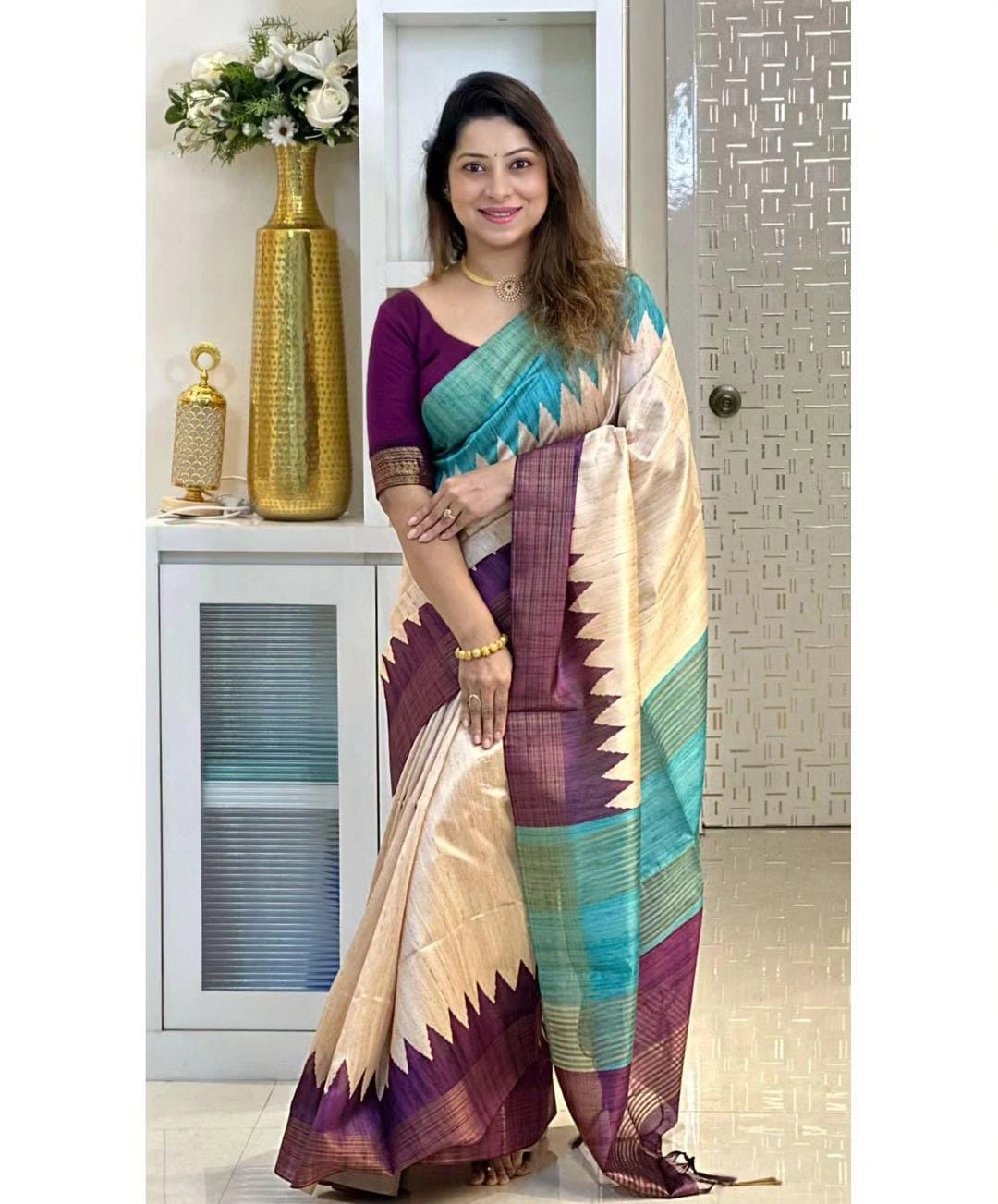 Lightweight Dola Tussar Silk Sarees: Stunning Temple Design, Zari Border-MKD-100-Wine