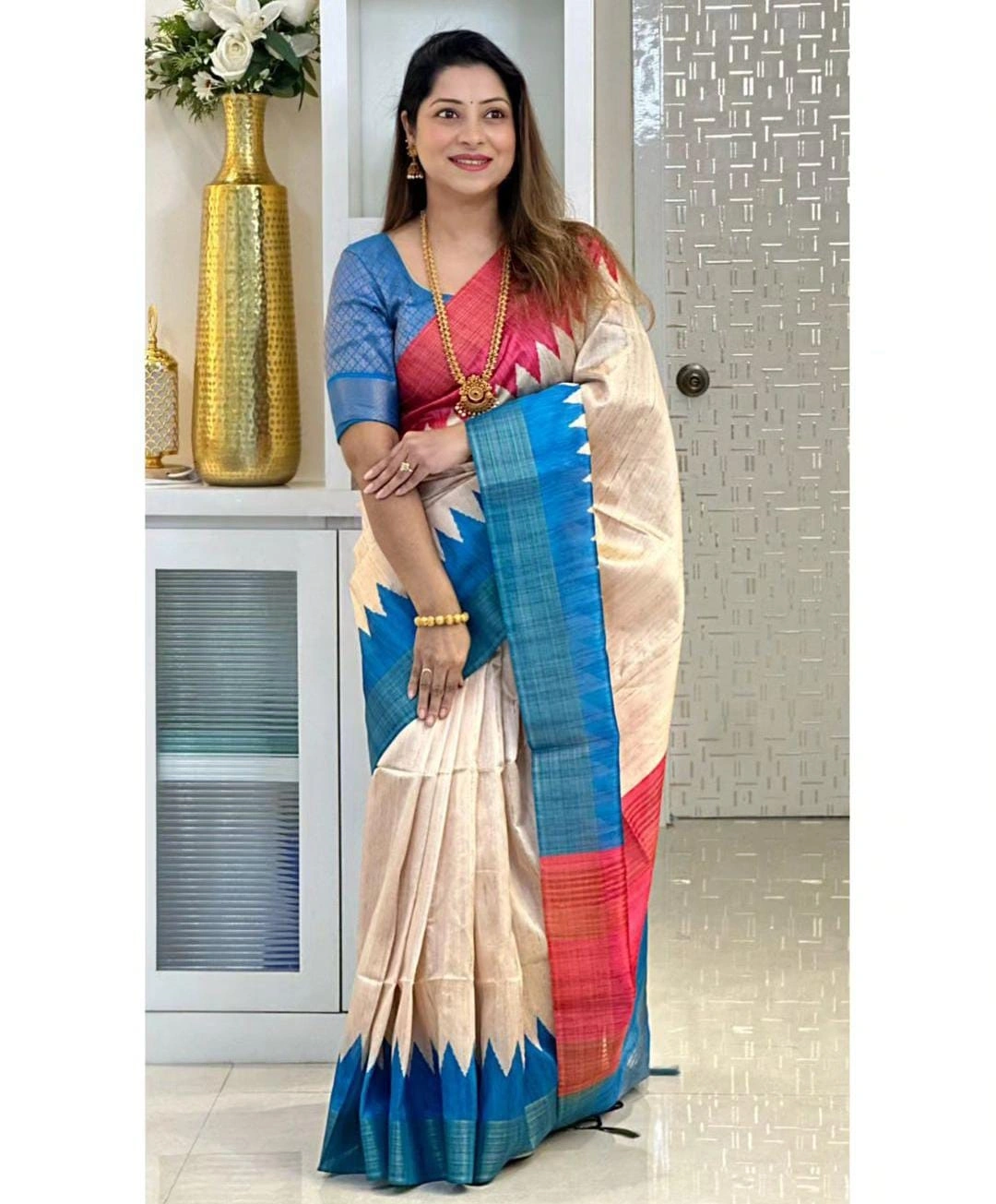 Lightweight Dola Tussar Silk Sarees: Stunning Temple Design, Zari Border-MKD-100-Blue