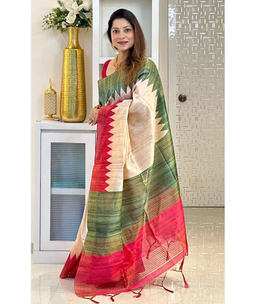 Lightweight Dola Tussar Silk Sarees: Stunning Temple Design, Zari Border-MKD-100-Green