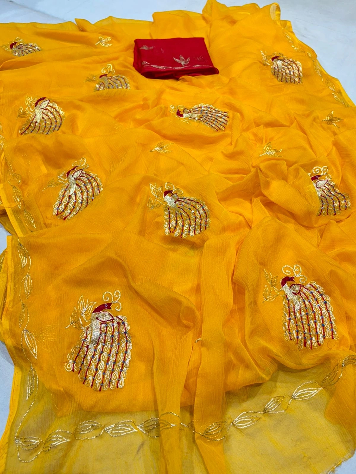 Chamundi Chiffon Saree: Stunning Rajputi KSB Border and Contrasting Colors-NSD-40-Yellow