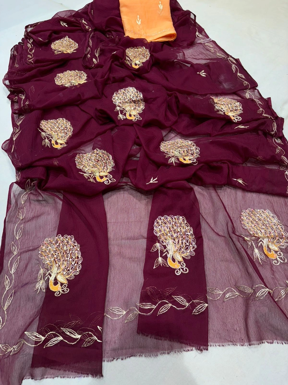 Chamundi Chiffon Saree: Stunning Rajputi KSB Border and Contrasting Colors-NSD-40-Wine