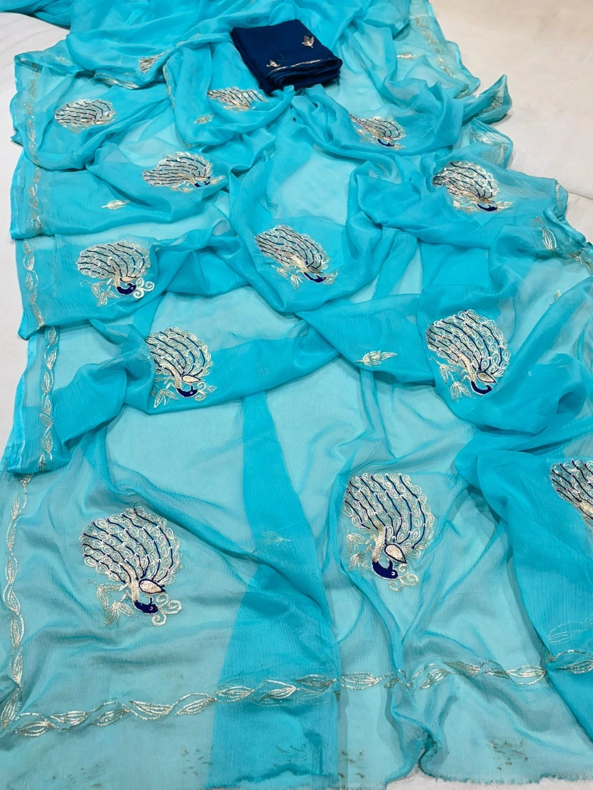 Chamundi Chiffon Saree: Stunning Rajputi KSB Border and Contrasting Colors-NSD-40-SkyBlue