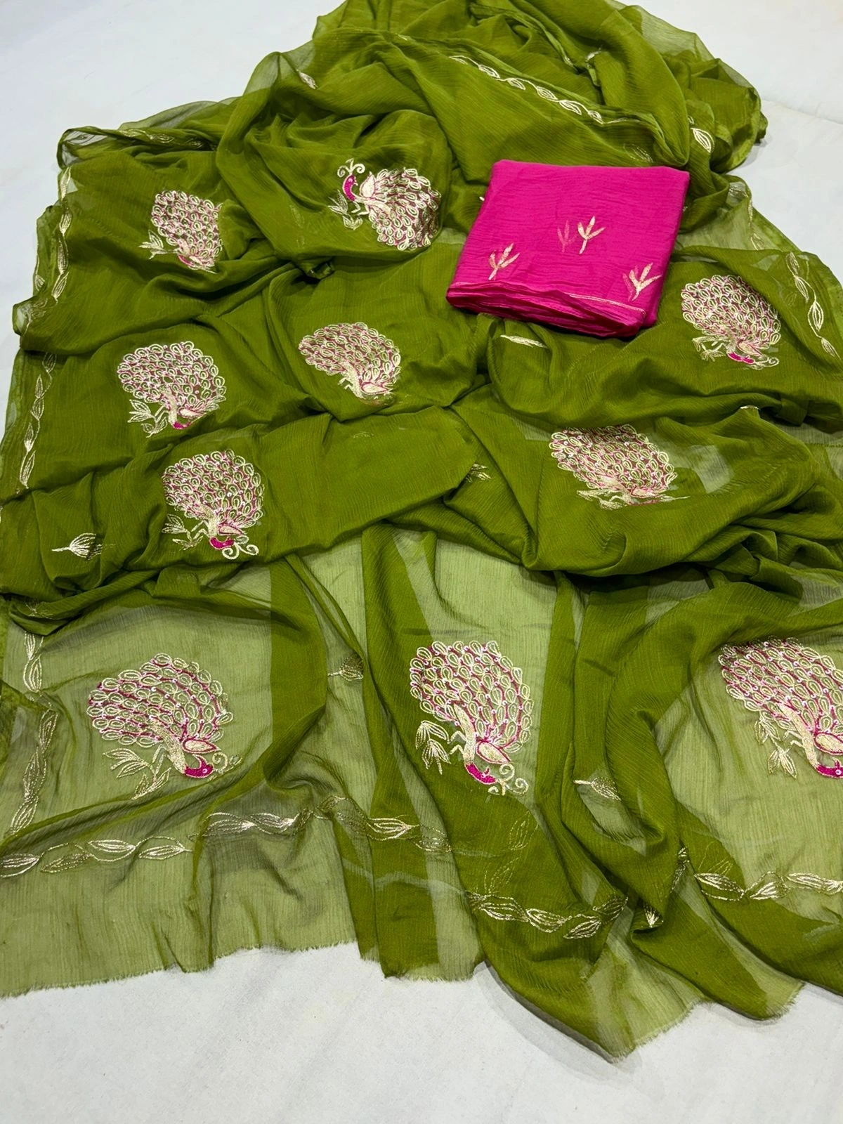 Chamundi Chiffon Saree: Stunning Rajputi KSB Border and Contrasting Colors-NSD-40-Green