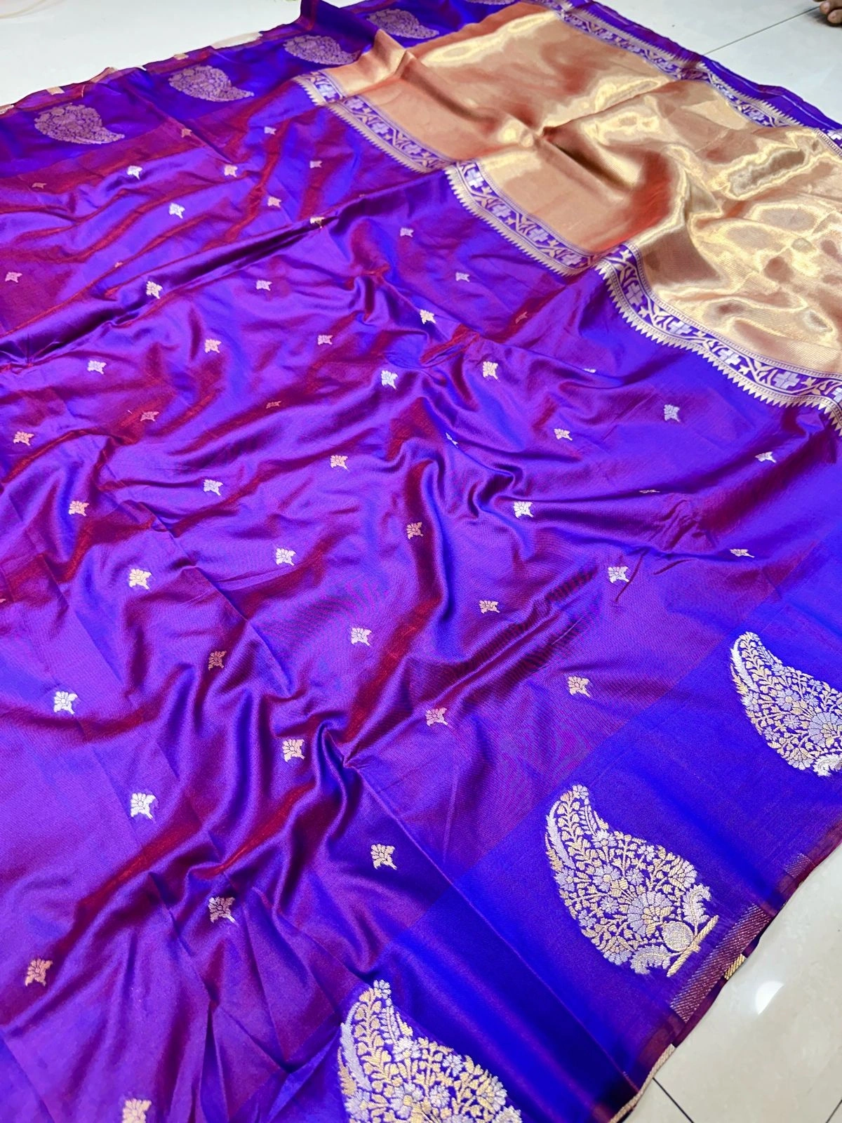 Kanchipuram Pure Silk Handloom Saree with Gold Jari: Exquisite Elegance!-PCF-Triva-silk-3-Blue