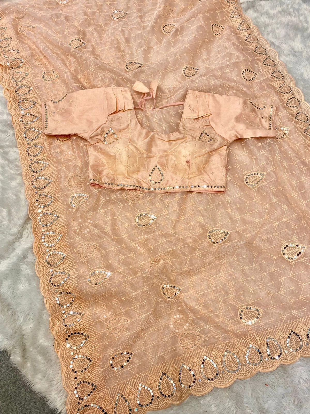 Soft Crystal Organza Saree: Elegant Thread &amp; Mirror Work Embroidery, Fits up to 42-Beige-2