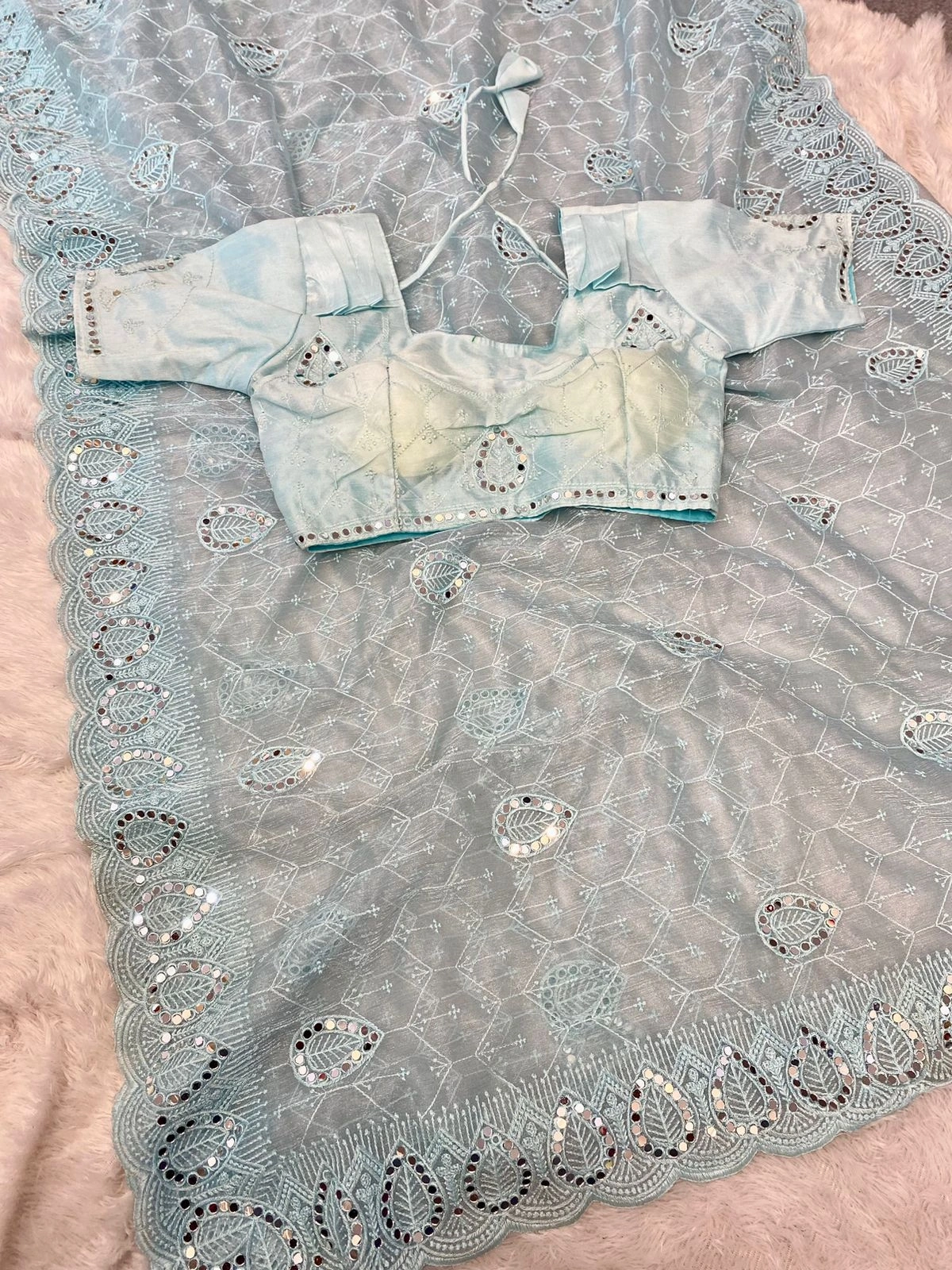 Soft Crystal Organza Saree: Elegant Thread &amp; Mirror Work Embroidery, Fits up to 42-Sky Blue-1