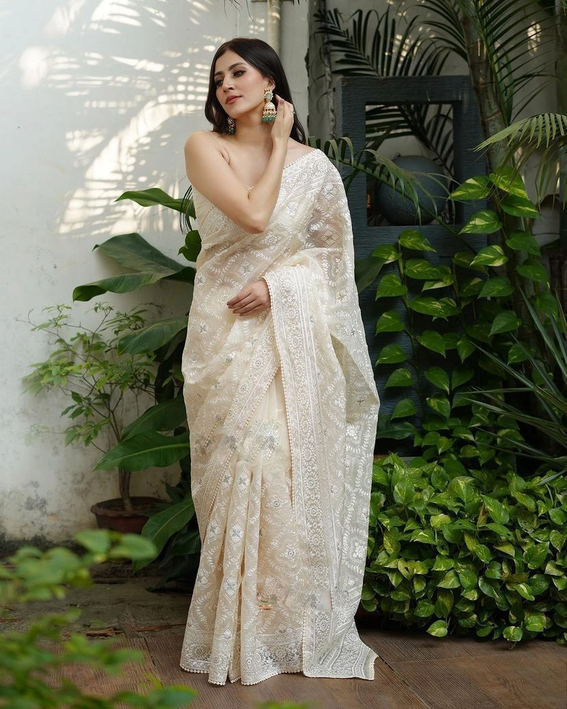 Pure Soft Off-White Silk Organza Saree: Elegant Lucknowi Embroidery &amp; Silver Zari, Stunning Contrast Border-RRS-40-White