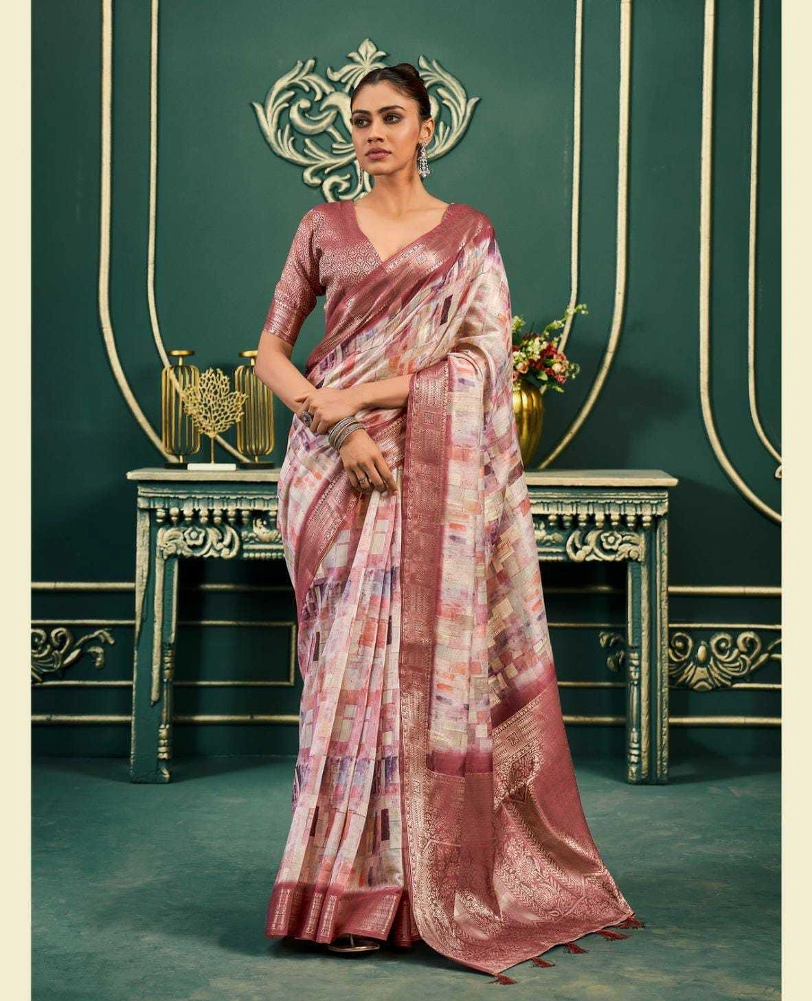 Model Cotton Saree: Digital Print, Rich Weaving Pallu &amp; Border-SAN-183000-Peach