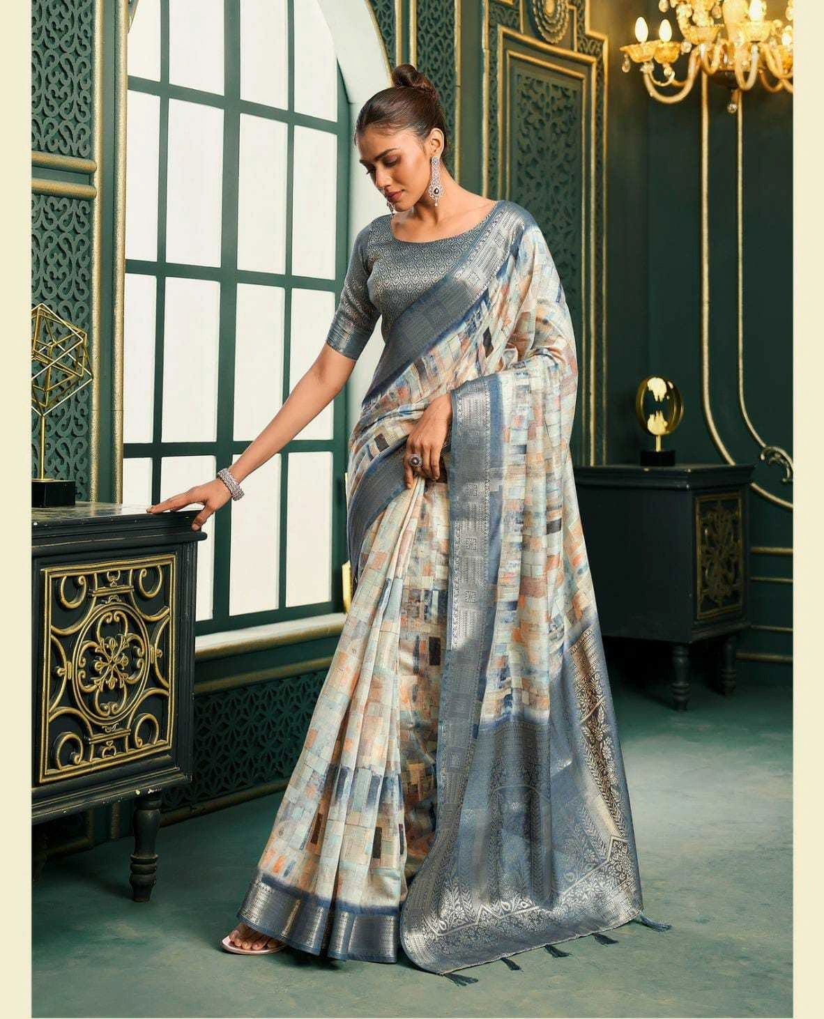 Model Cotton Saree: Digital Print, Rich Weaving Pallu &amp; Border-SAN-183000-Grey