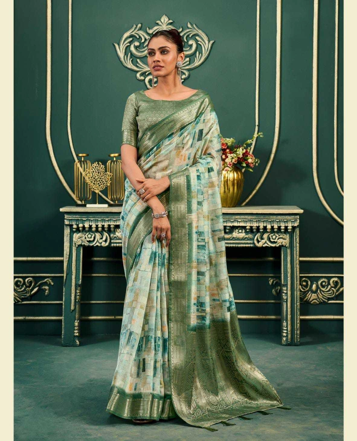 Model Cotton Saree: Digital Print, Rich Weaving Pallu &amp; Border-SAN-183000-Green