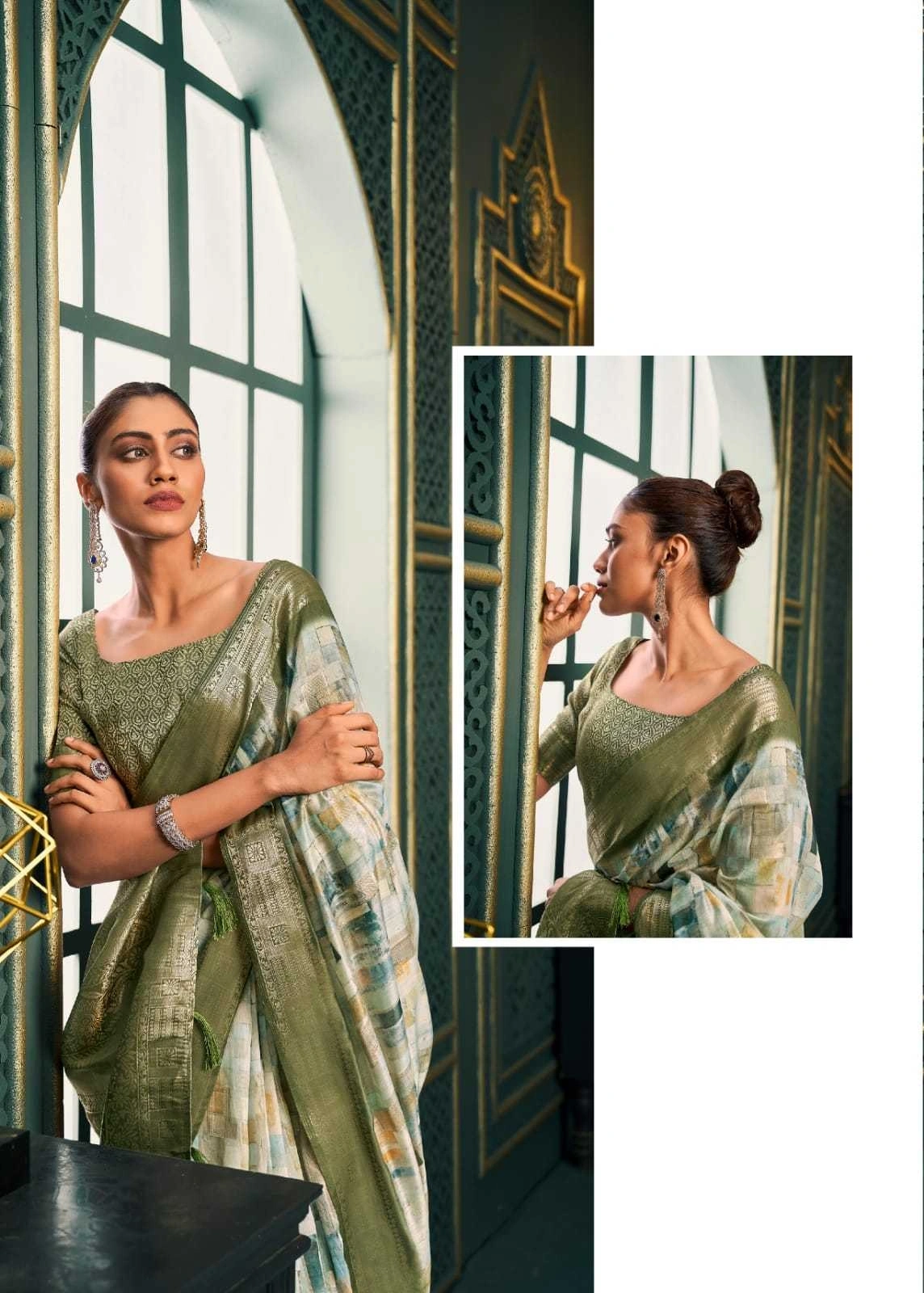 Model Cotton Saree: Digital Print, Rich Weaving Pallu &amp; Border-Green-1