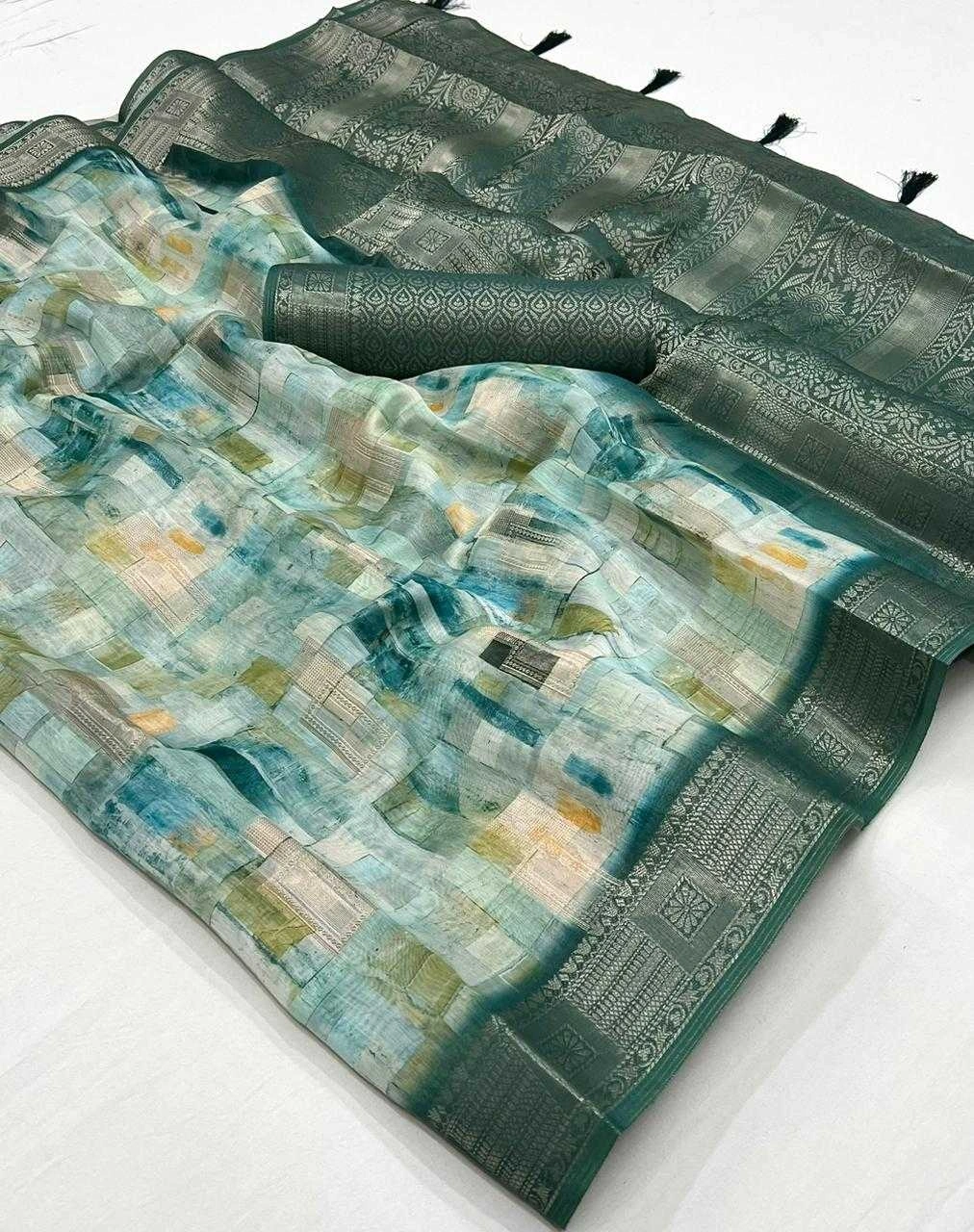 Model Cotton Saree: Digital Print, Rich Weaving Pallu &amp; Border-Green-2